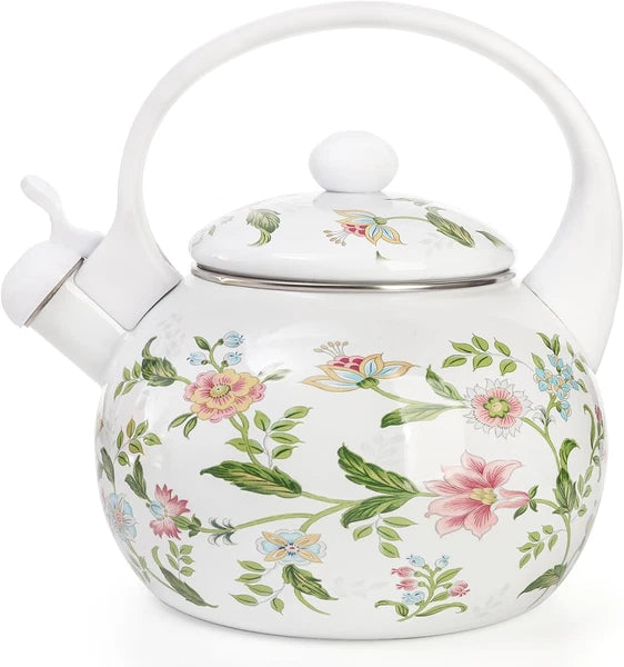 2.3 Quart Vintage Enamel Tea Kettle Whistling Tea Kettle for Stove Top Floral