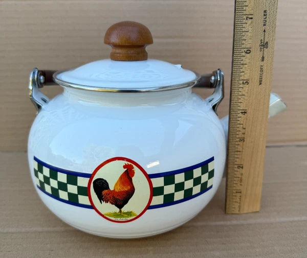 Bob Timberlake Rooster Whistling Kettle Tea Pot Enamel Checkered Board