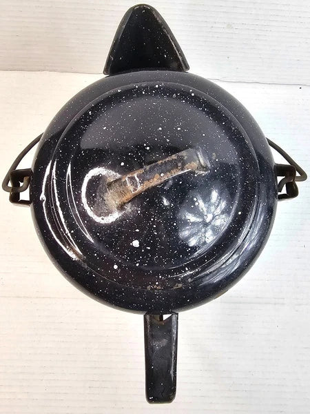 Vintage Black Enamelware Coffee Pot With Speckled Design Lid Camping Tea Kettle