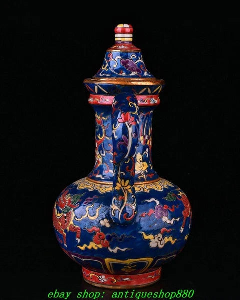 12.6''Ming Xuande Marked Enamel Colour Porcelain Dragon Wine Tea Pot Flagon