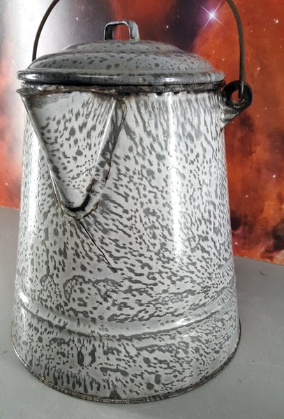 GRAY ENAMELWARE 11" COFFEE POT TEA KETTLE w/LID HANDLE FARMHOUSE CAMPING ANTIQUE