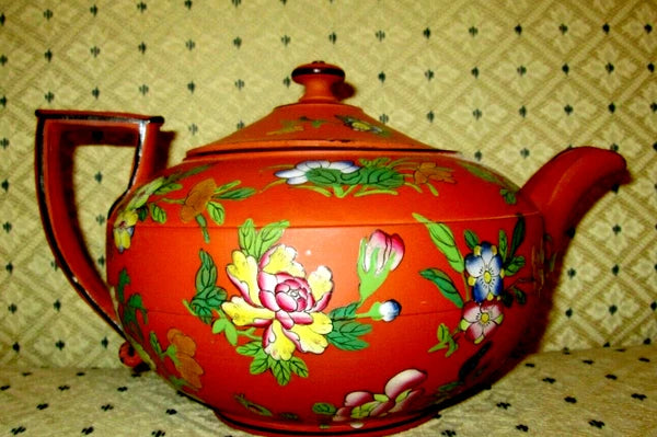 RARE Antique Wedgwood Pottery Enamel Rosso Antico Chinoiserie Teapot w Lid