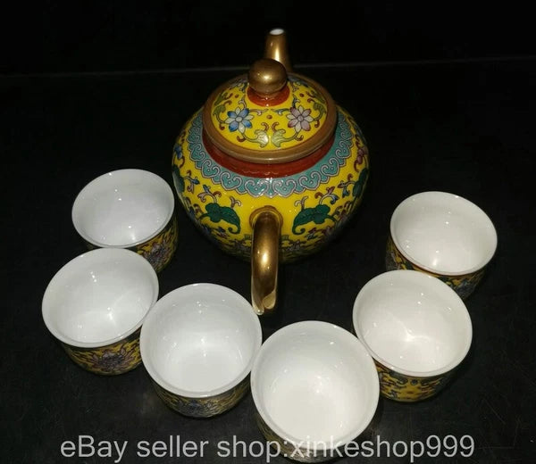 8" Old Chinese Qing dynasty Enamel Porcelain Gilt flower Tea pot Cup set