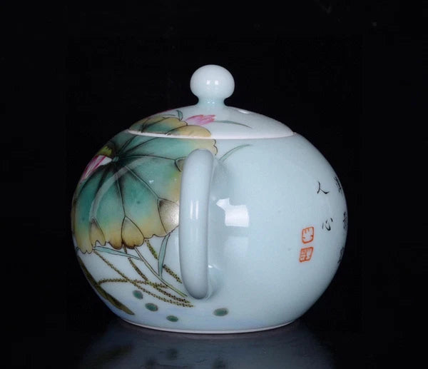 Chinese Enamel Color Porcelain Handmade Exquisite Flower Bird Teapot