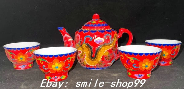 4.5" Qianlong Enamel Colour Porcelain Dragon Phoenix Beast Tea Pot Cup Set