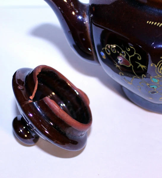 Vintage Stoneware Teapot, Brown Raised Enamel Paint Teapot, Japan