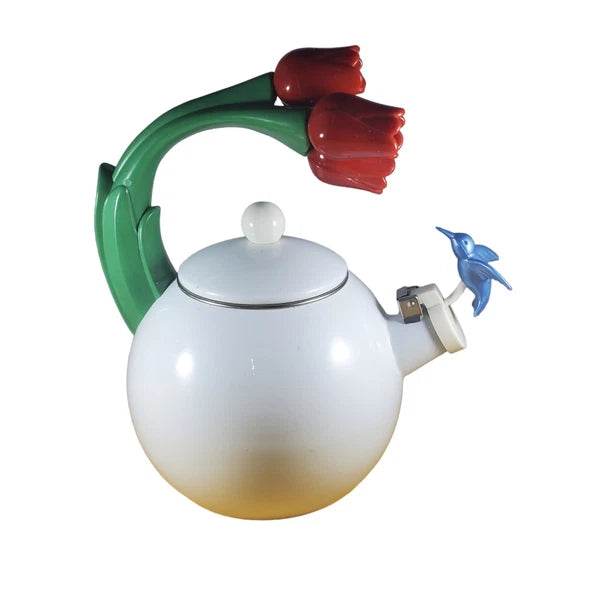 Vintage Teapot Ancona Hummingbird Tulips Kettle White w Red Green Blue Tea Pot