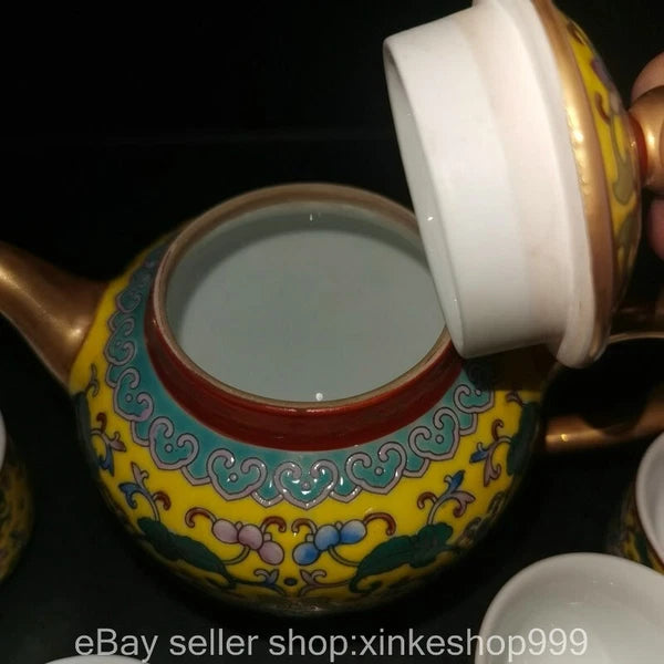 8" Old Chinese Qing dynasty Enamel Porcelain Gilt flower Tea pot Cup set