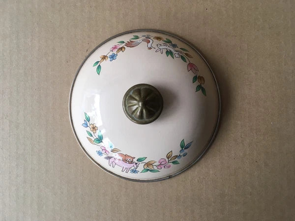 Vintage Enamelware Teapot w/Dutch Farm Scene & Wooden Handle, 9" Ht, 7 1/8" Diam