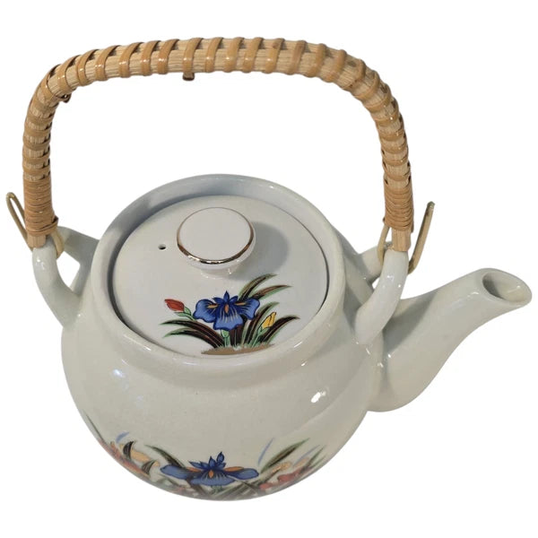 Vintage Japanese Kutani Tea Set Porcelain Teapot 5 Cups Bamboo Handle Iris