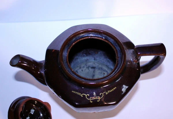 Vintage Stoneware Teapot, Brown Raised Enamel Paint Teapot, Japan