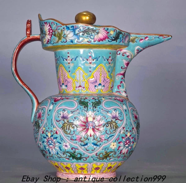 9.4" Yongzheng Enamel Colour Porcelain Gilt Lotus Flower Wine Tea Pot Flagon