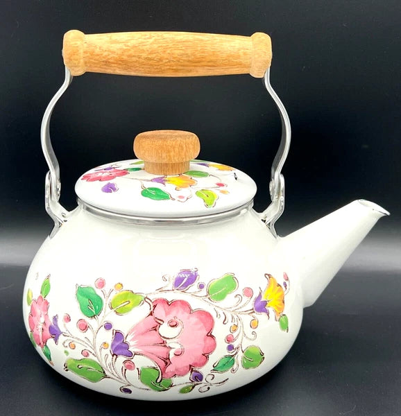 GAILSTYN SUTTON Vintage Enamel Ware Metal Teapot 1983 Floral Foliage II EUC
