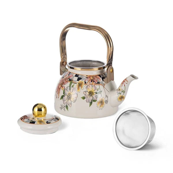 Enameled Flower Garden Tea Pot Kettle Floral Teapot with Infuser 1.2L
