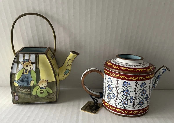 Enamel Mini Copper Hand Painted Teapot NO LIDS Miniature LOT OF 2 Vintage