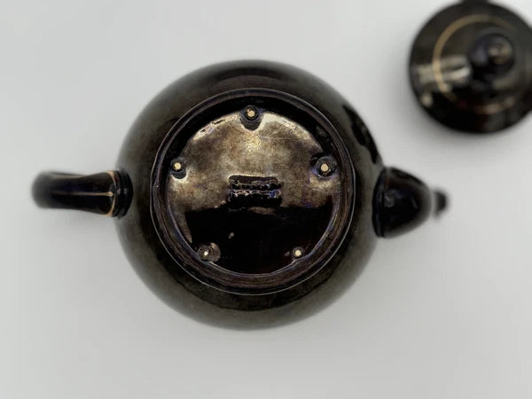 Vintage Dark Brown Teapot with Floral Enamel Design and Lid