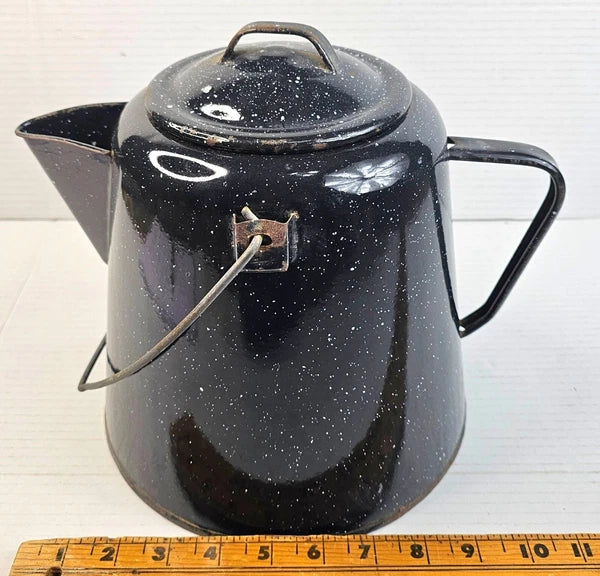 Vintage Black Enamelware Coffee Pot With Speckled Design Lid Camping Tea Kettle
