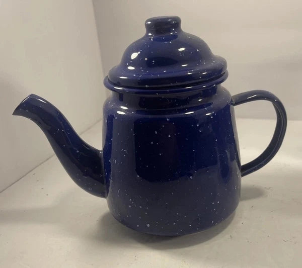 Enamelware Speckled Blue Tea Pot Kettle, Cup And Small Picher