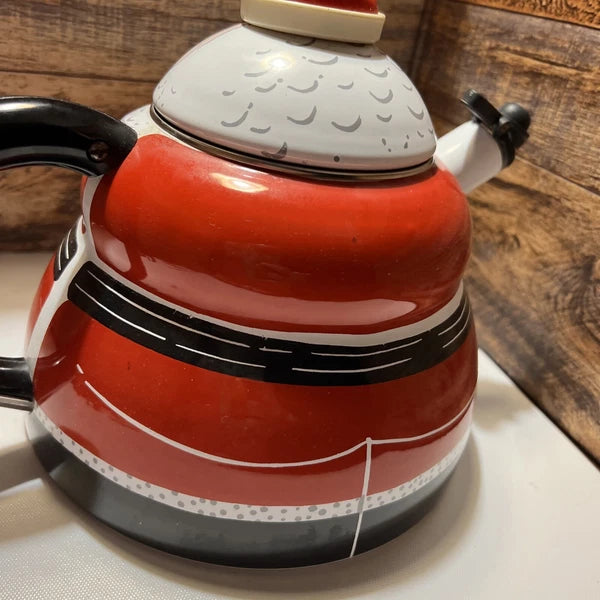 ROSHKO PORCELAIN Enamel on Steel Santa StoveTop Whistle Kettle Pot 3QT Christmas