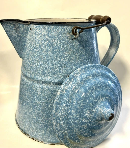 Large Granite Ware Enamel Ware  Blue White Splatter Swirl Teapot Vintage
