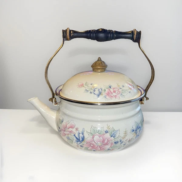 Vintage Pfaltzgraff Tea Rose Enamelware Kettle w/Lid - Black Handle - Some Rust