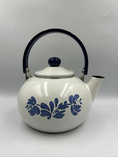 Vintage Pfaltzgraff Yorktowne Porcelain Enamel Tea Kettle with Blue Metal Handle