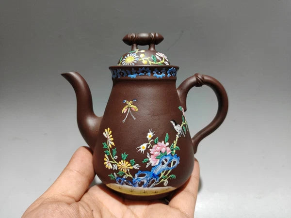 Yixing Teapot Handmade Bird Flower Enamel Traditional Art