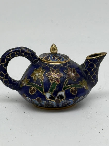 Mini Chinese Cloisonné Enameled Floral Glaze Cobalt Blue Teapot 2.75" L  1.5" H