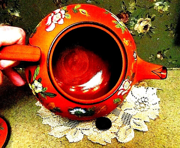 RARE Antique Wedgwood Pottery Enamel Rosso Antico Chinoiserie Teapot w Lid
