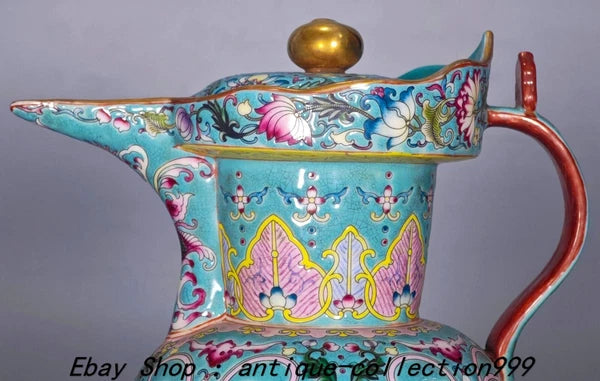 9.4" Yongzheng Enamel Colour Porcelain Gilt Lotus Flower Wine Tea Pot Flagon