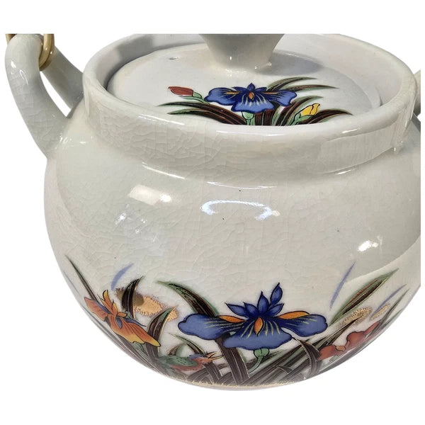 Vintage Japanese Kutani Tea Set Porcelain Teapot 5 Cups Bamboo Handle Iris