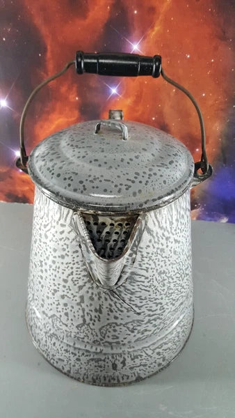 GRAY ENAMELWARE 11" COFFEE POT TEA KETTLE w/LID HANDLE FARMHOUSE CAMPING ANTIQUE