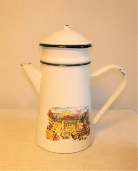 ANTIQUE SCREEN PRINTED PORCELAIN ENAMEL COFFEE MAKER OR TEAPOT