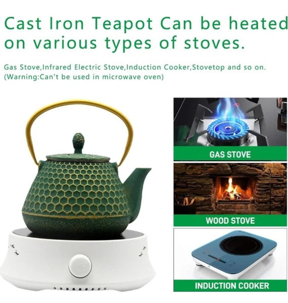 Cast Iron Tea Kettle Set 33.8oz Hexagon Pattern Teapot Set w cups green enamel