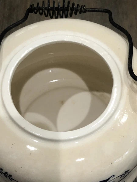 Vntg Japan Blue Onion Porcelain Enamel Ware Teakettle W/Wire Metal HandleVGUC