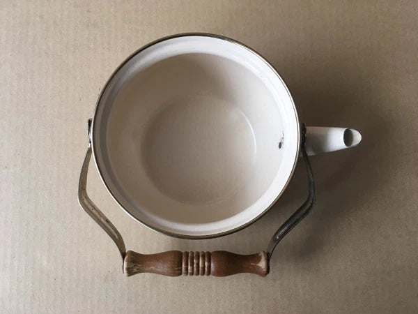 Vintage Enamelware Teapot w/Dutch Farm Scene & Wooden Handle, 9" Ht, 7 1/8" Diam