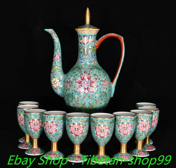 8"Qing Yongzheng Marked Enamel Colour Porcelain Gold Wine Tea Pot Flagon Cup Set