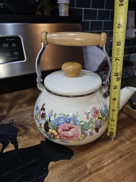Vintage enamelware Cream / flowers tea kettle w wood handle - farmhouse-country