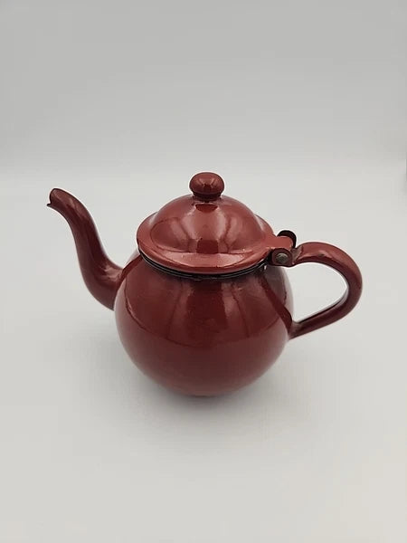 Vintage Enamel Teapot Small Brown & White Interior Goose Neck Handle