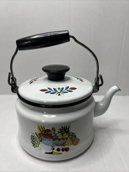 Swedish Berggren Enamel Kettle Teapot Scandinavian Folk Art Fruit W Lid Handle