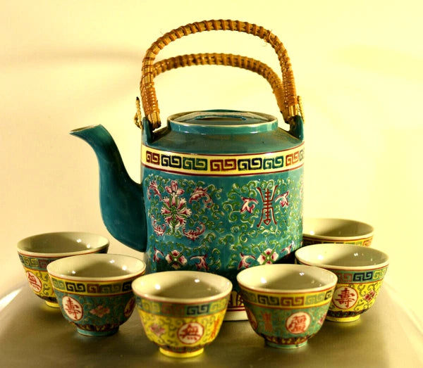 Antique Porcelain Teaset: Famille Rose Lotus: Enameled : Teal : China : 1975