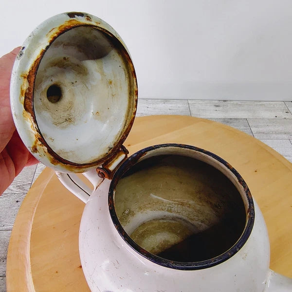 Vtg Enamelware Teapot Kettle Farmhouse Decor Rustic Kitchen White Primitive