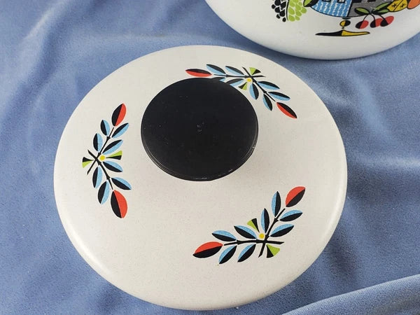 Vntg White ENAMEL TEA KETTLE Colorful Fruit Bowl Decoration Wire & Wood Handle