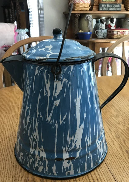 Vintage Antique Blue White Swirl Enamel Coffee Tea Pot Cowboy Kettle 11” Large
