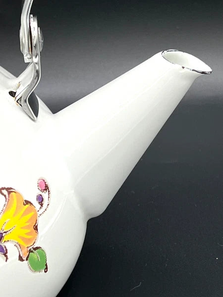 GAILSTYN SUTTON Vintage Enamel Ware Metal Teapot 1983 Floral Foliage II EUC