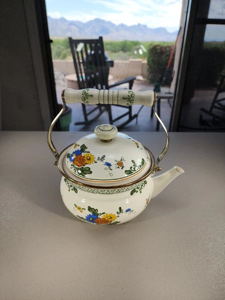 Vintage Enamelware Teapot Green Band Floral Flowers Metal & Ceramic Handle