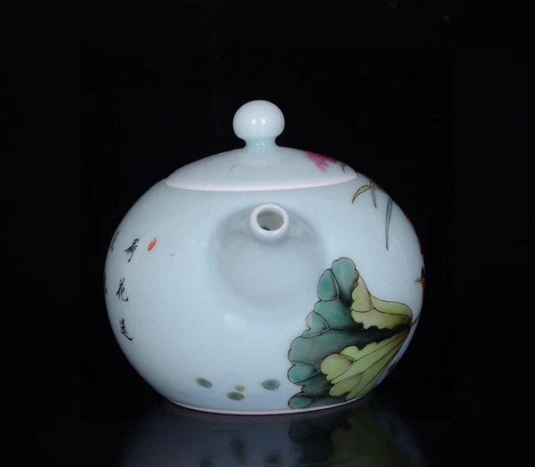 Chinese Enamel Color Porcelain Handmade Exquisite Flower Bird Teapot