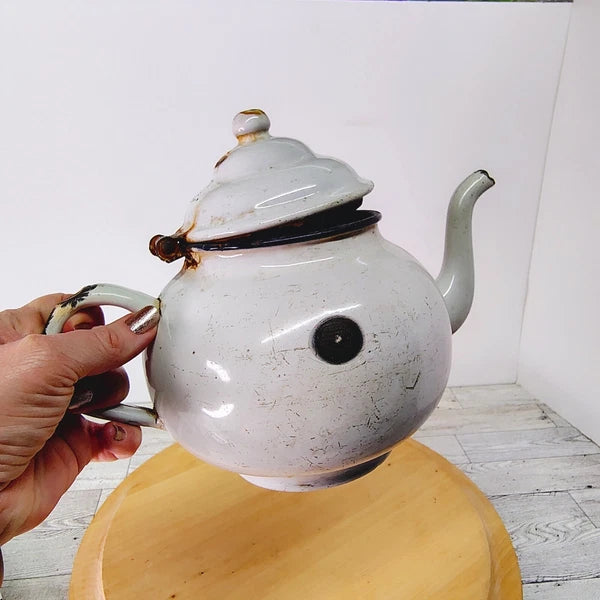 Vtg Enamelware Teapot Kettle Farmhouse Decor Rustic Kitchen White Primitive
