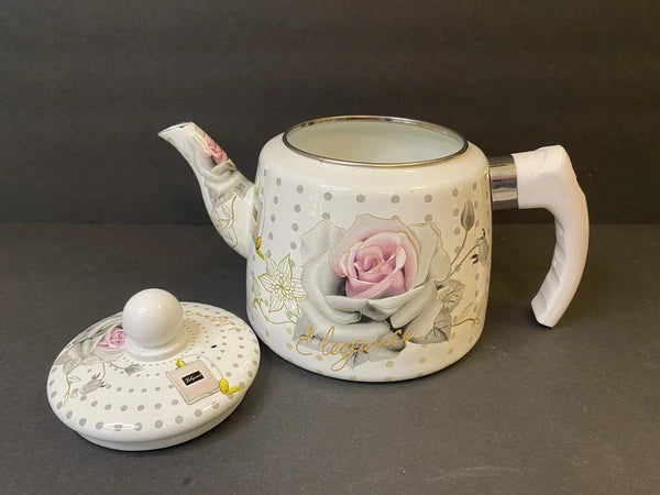 Elegance Enamel Kettle Teapot Handle Pink Rose Perfume Pattern