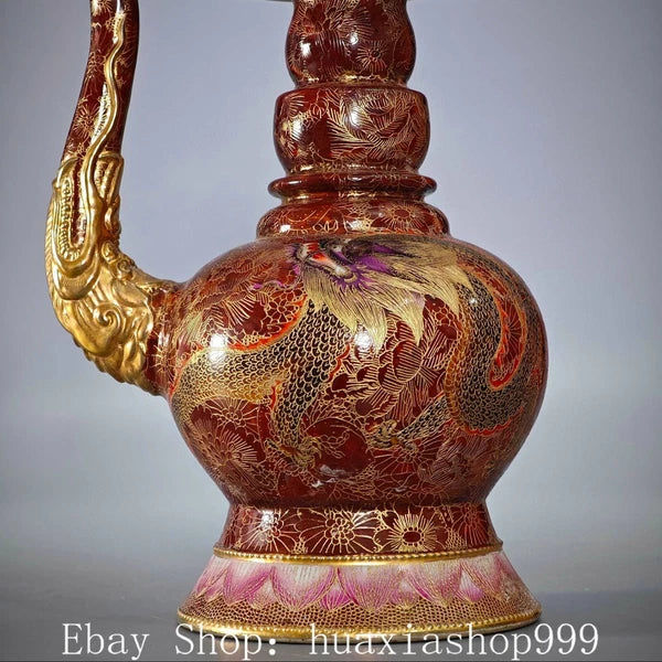 Qianlong Dynasty Enamel Colour Porcelain Gilt Dragon Phoenix Wine Tea Pot Flagon
